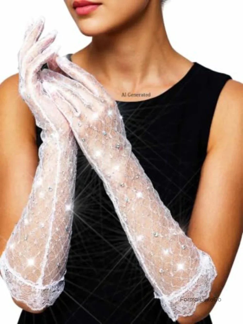 Long Lace Formal Gloves with Rhinestone Sparkly Glitter Costume Gloves